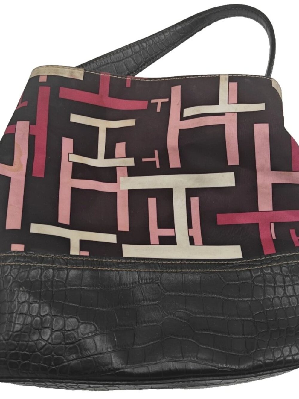 Tommy Hilfiger Shoulder Bag Purse Tote TH Geometric Print Pleather Bottom